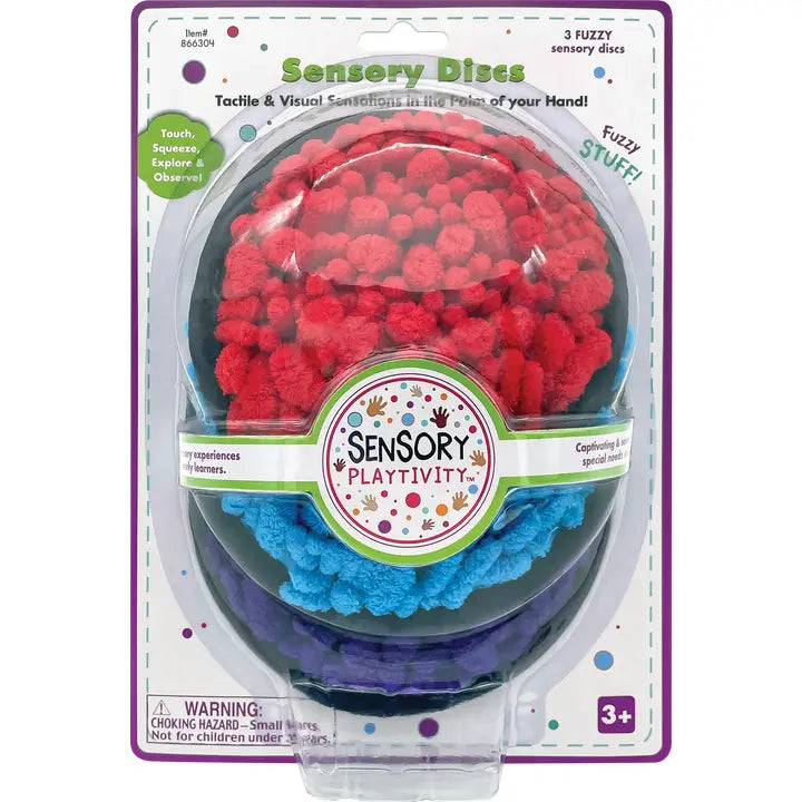 The product packaging for Fuzzy Stuff Sensory Discs.