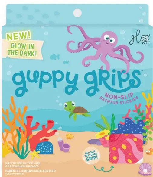 The front of the product package for Glo Pals Guppy Grips - Glow-in-the-Dark.