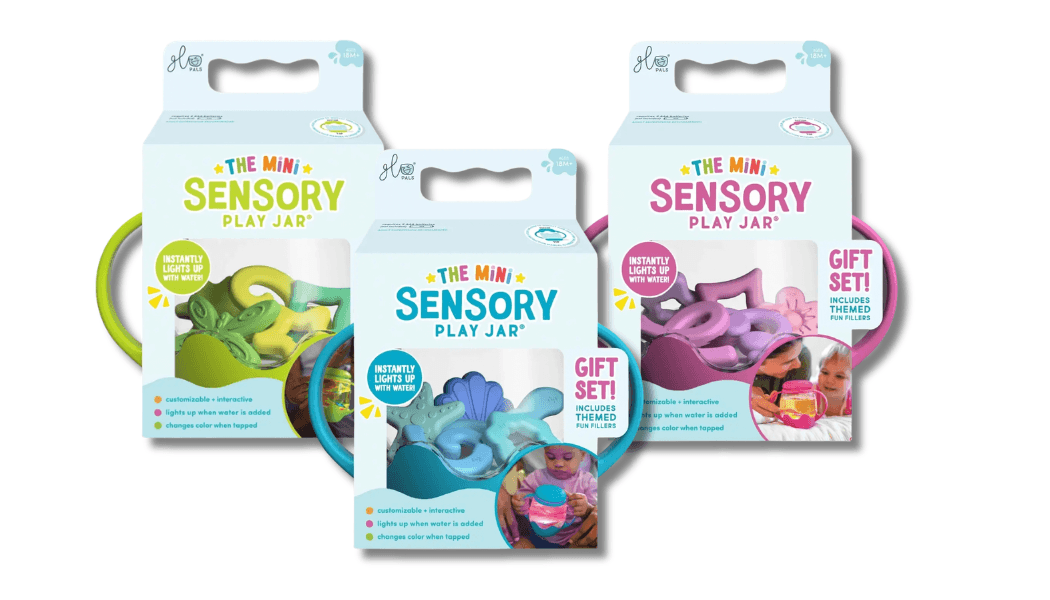 The blue, green, and pink variants of the Glo Pals Mini Sensory Jar and Silicone Fun Filler.
