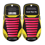 The pink Good-bye Tie Silicone Shoelaces.