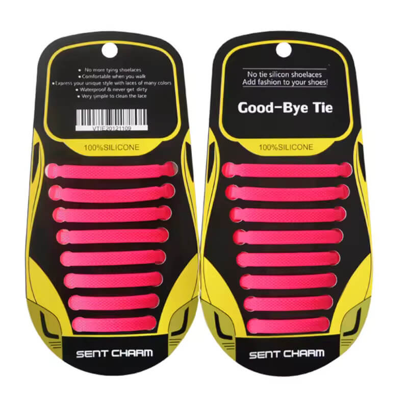 The pink Good-bye Tie Silicone Shoelaces.