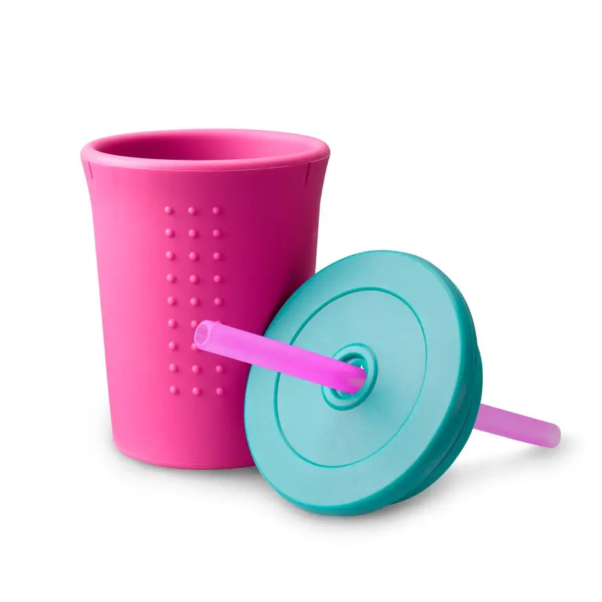 The pink GoSili 12 oz Silicone Straw Kids Cup.