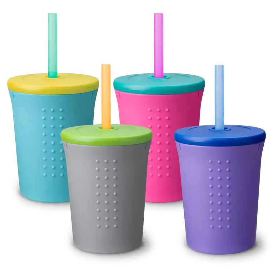 The four different colors of the GoSili 12 oz Silicone Straw Kids Cups.