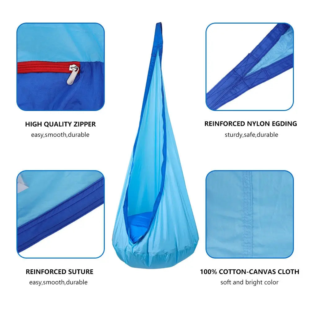 A look at the physical features of the Sensory Pod Swing, including: high quality zipper, reinforced nylon edging, reinforced sutures, and 100% cotton-canvas cloth.
