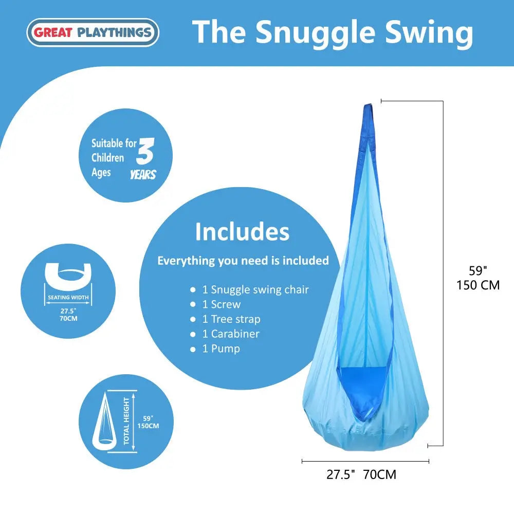 An infographic with the dimensions of the Sensory Pod Swing.