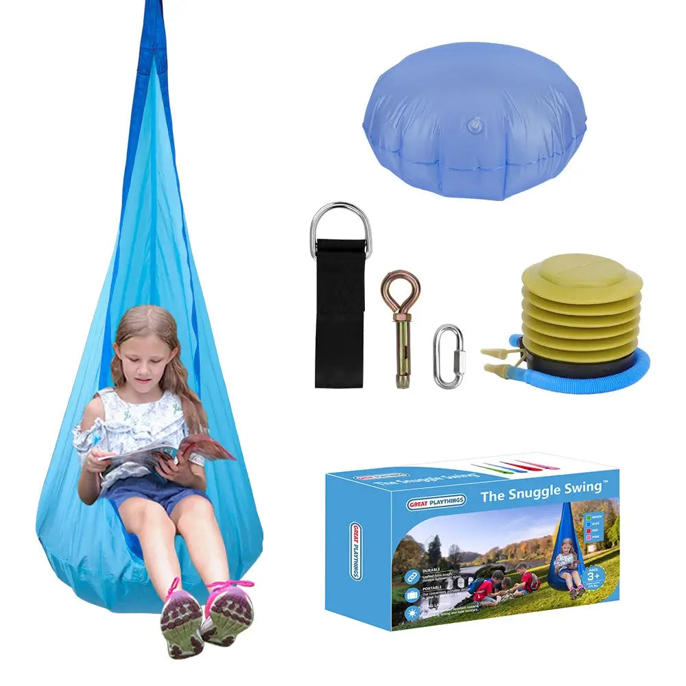 A child hangs from the Sensory Pod Swing in blue next to what's included in the box.