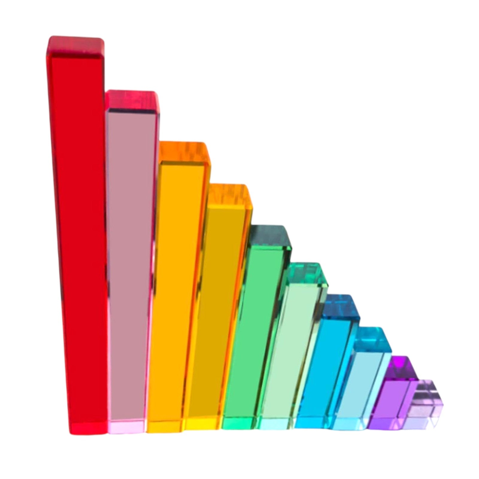 The 10-Piece Crystal Clear Pyramid Lucite Rainbow Blocks arranged from tallest to smallest.