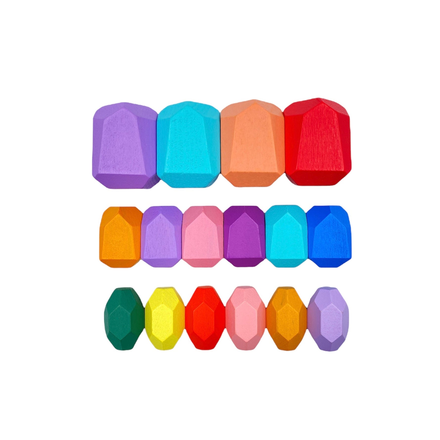 The 16-Piece Wooden Balancing Stones Stacking Blocks in Pastel Colors arranged big to small.