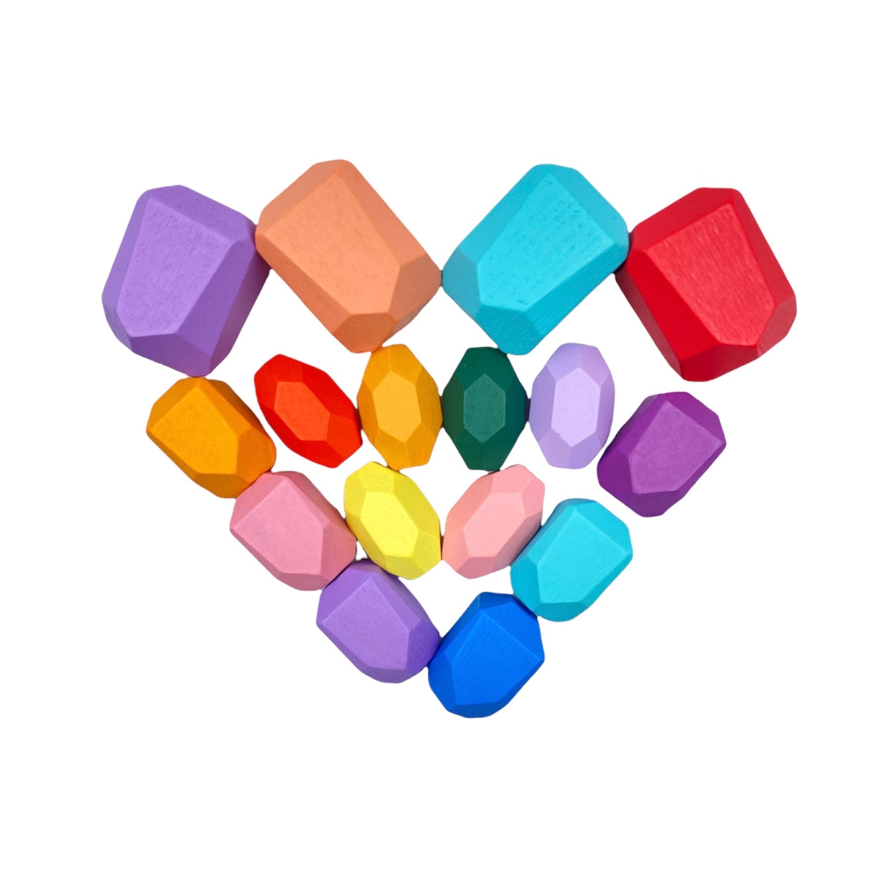 The 16-Piece Wooden Balancing Stones Stacking Blocks in Pastel Colors in a heart shape.
