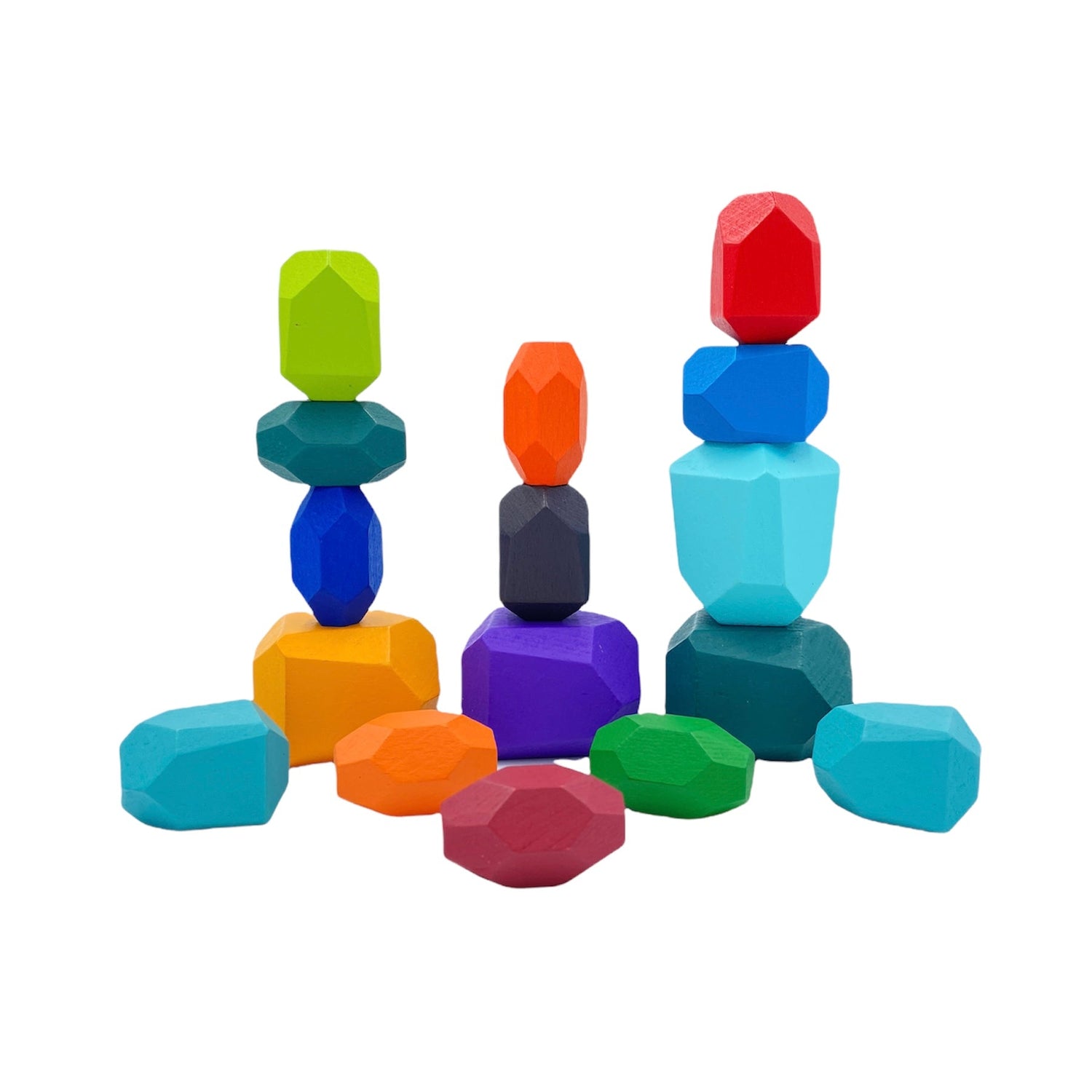 The 16-Piece Wooden Balancing Stones Stacking Blocks in Primary Colors.