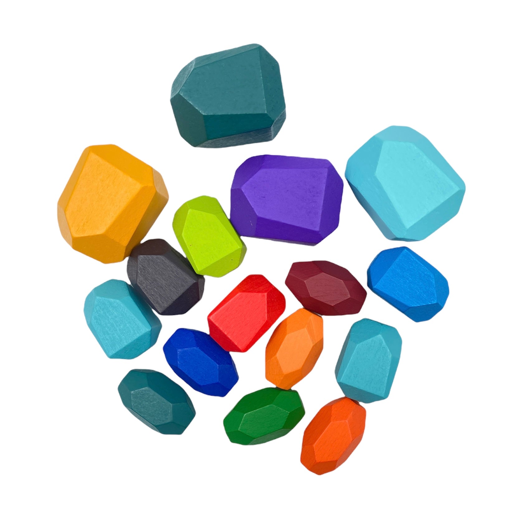 A pile of the 16-Piece Wooden Balancing Stone Stacking Blocks in Primary Colors.