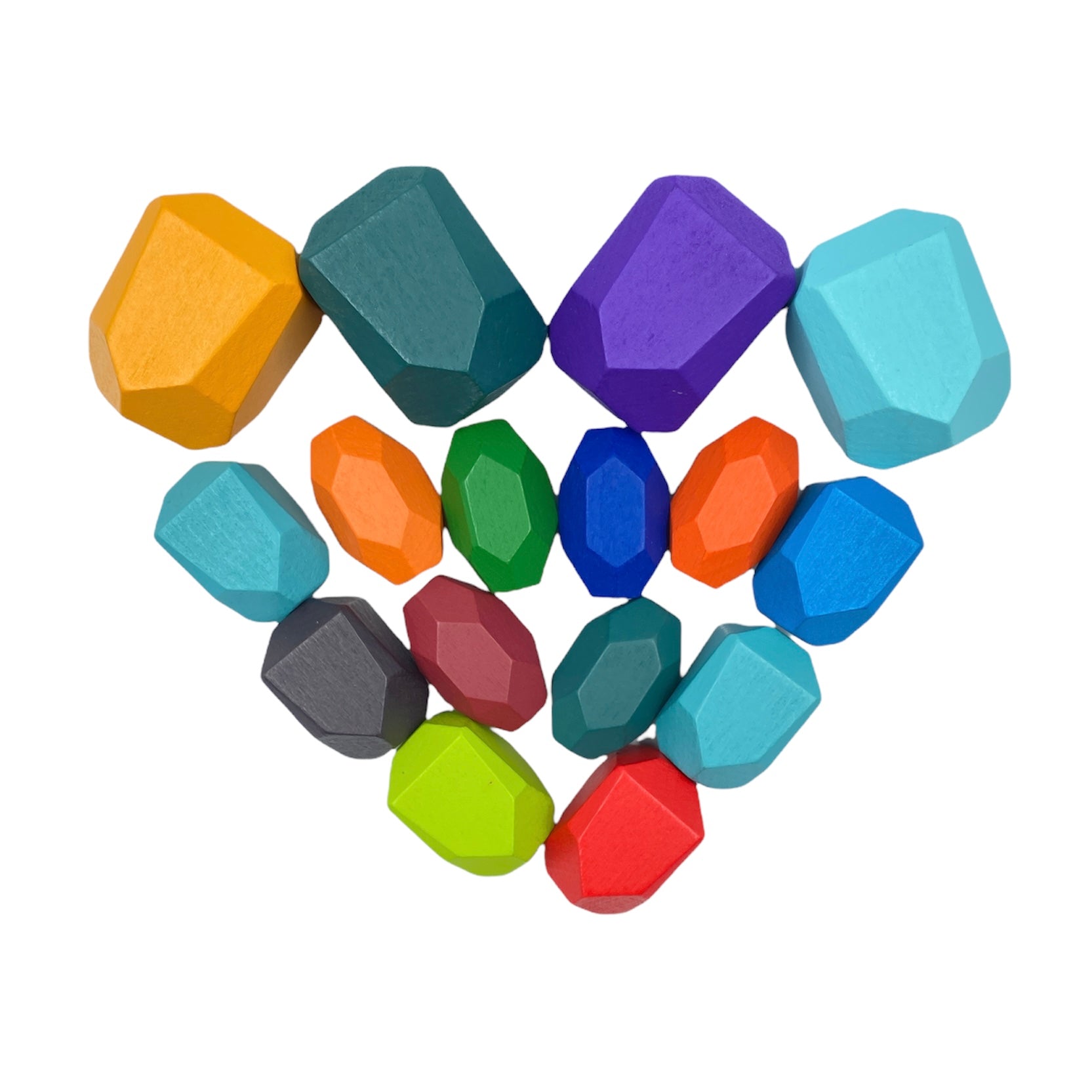 The 16-Piece Wooden Balancing Stones Stacking Blocks in Primary Colors shaped like a heart.