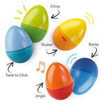 An infographic demonstrating the different sounds coming from the HABA Fun With Sounds Wooden Eggs.