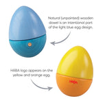 An infographic showing some of the features of the Fun With Sounds Wooden Eggs.