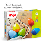 An infographic showing the newly designed and sturdier storage box for the Fun With Sounds Wooden Eggs.