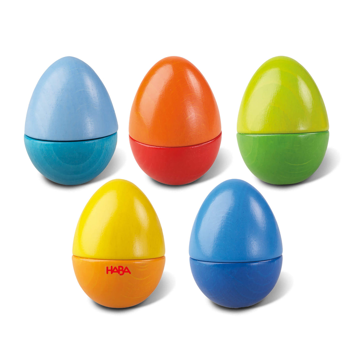 The five HABA Fun With Sounds Wooden Eggs.
