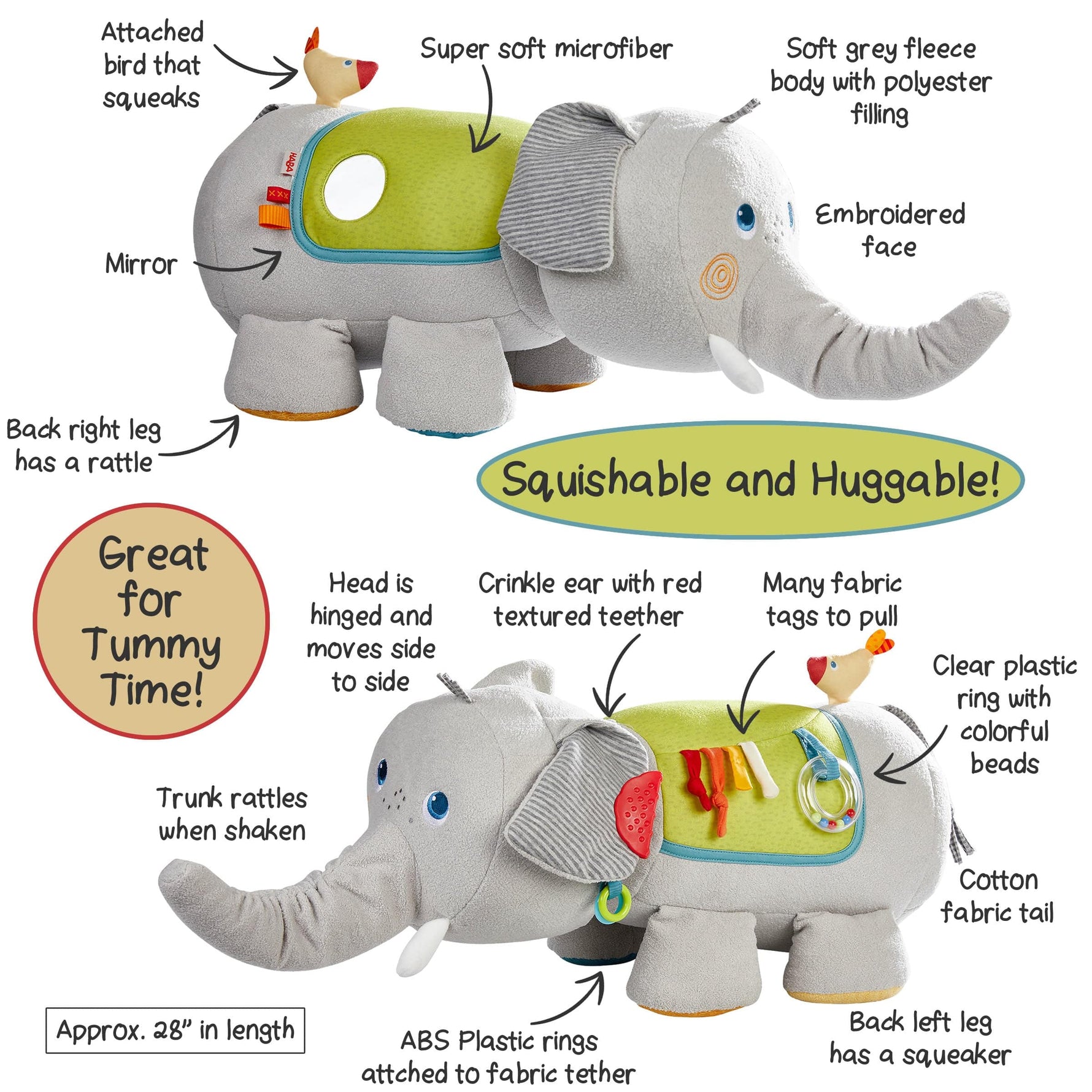An infographic showing the features of the Baby Elephant Discovery Sensory Pillow.