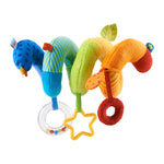 A colorful plush curlicue toy with several tactile effects - The Plush Baby Rainbow Activity Spiral Toy.