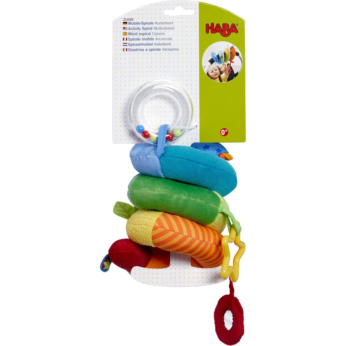 The Rainbow Activity Spiral Stroller & Car Seat Toy in its product package.