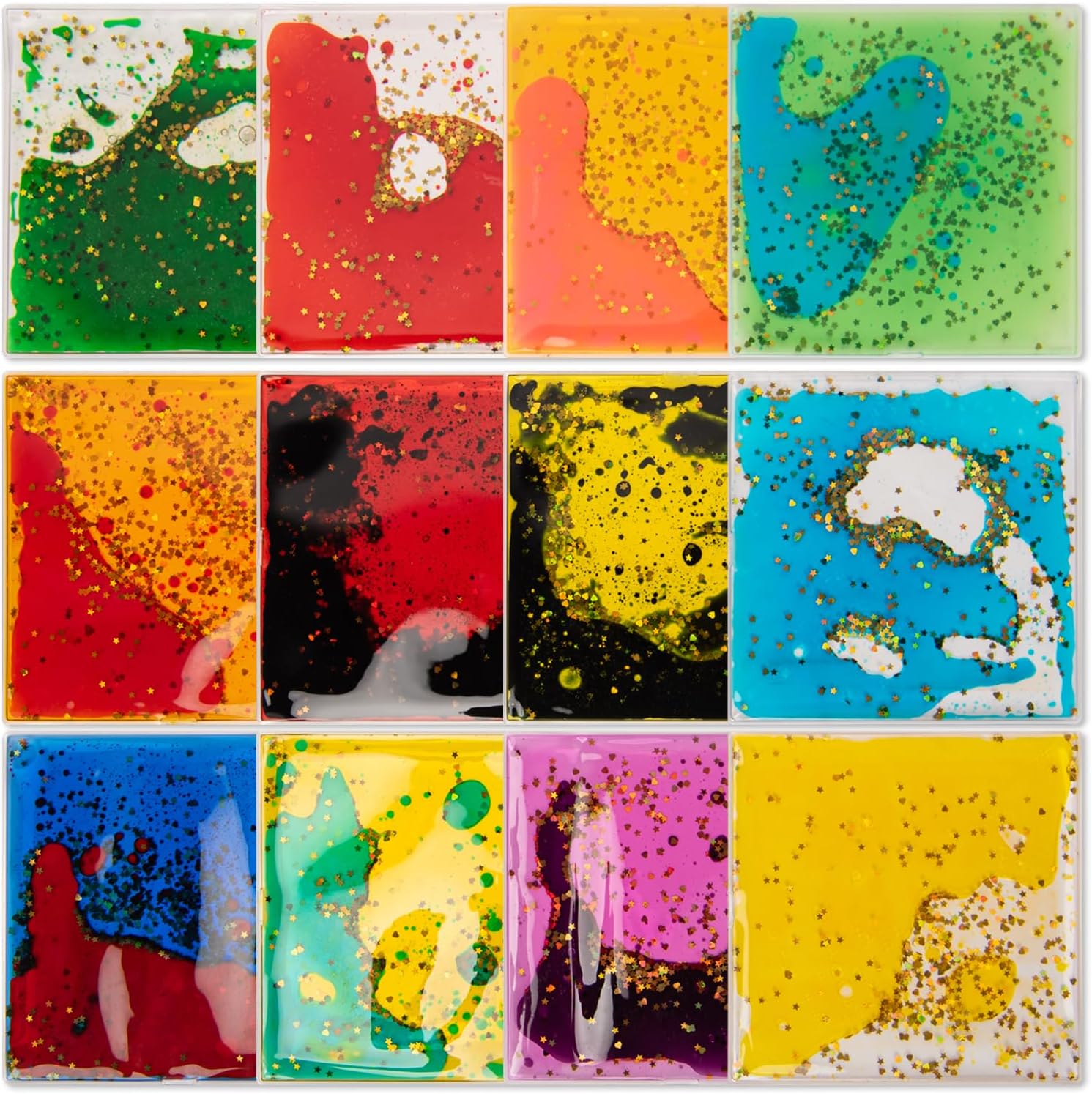 The different color variants of the Handheld Glitter Liquid Motion Tiles spread out in a 4 by 3 array.