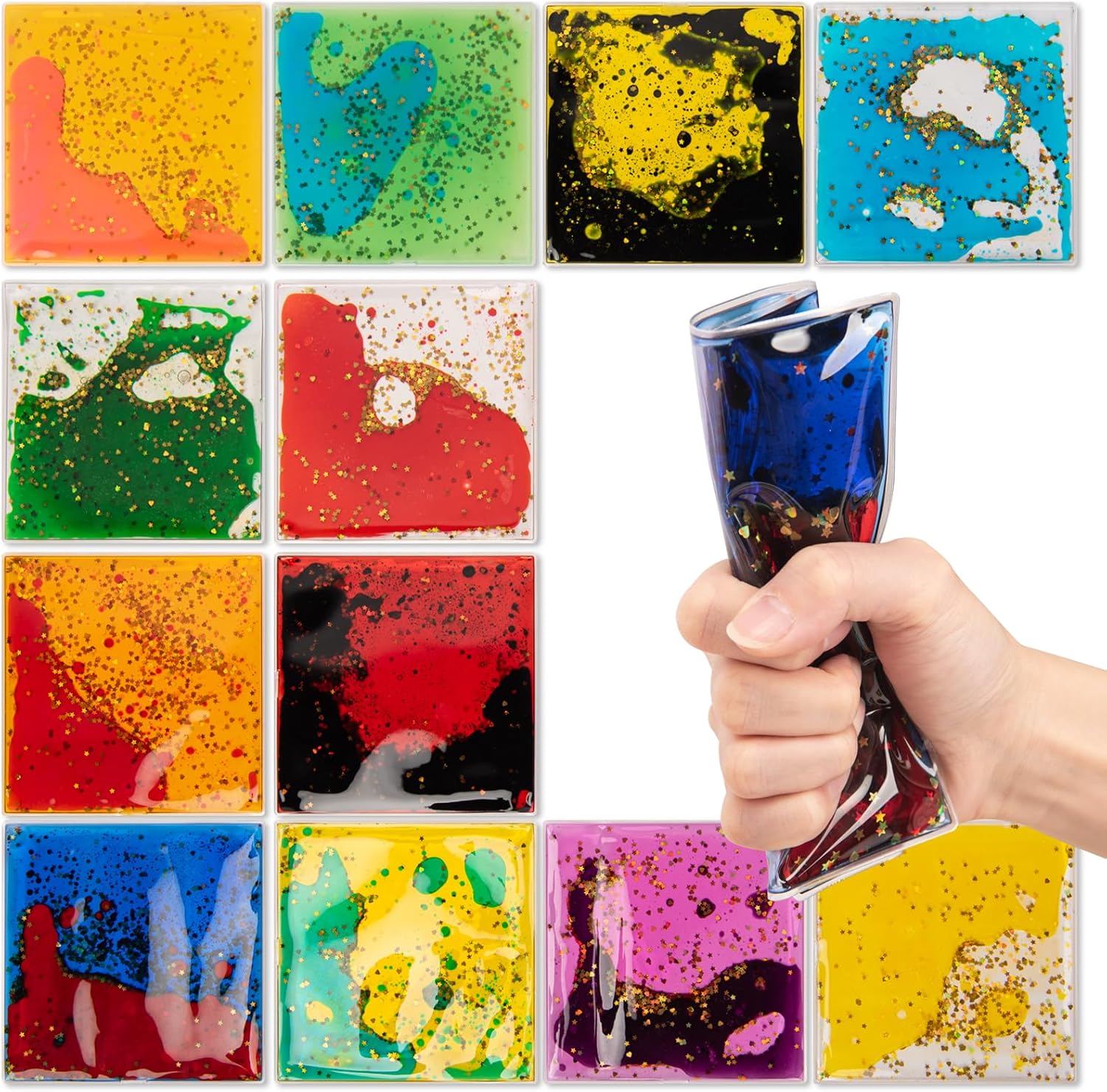 A hand squeezes the Handheld Glitter Liquid Motion Tiles surrounded by the different variants.