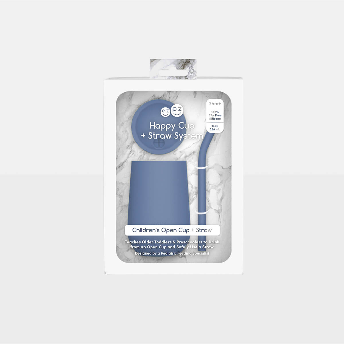 The Indigo Happy Cup and Straw System in its product package.