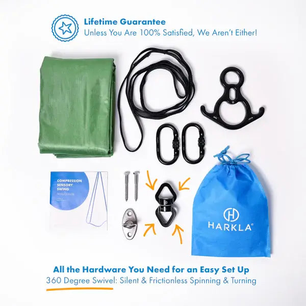 A look at what comes included with the Harkla Green Sensory Compression Swing with Swivel.