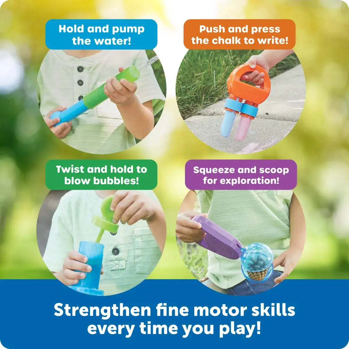 An infographic showing the different ways to use the four tools that come with the Helping Hands Outdoor Sensory Tools.