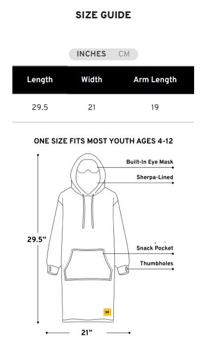 The size guide for the Kids Hideout Hoodie.