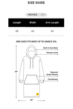The Size Guide for the adult Hideout Hoodie.