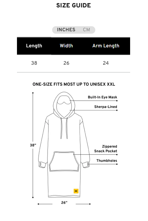 The Size Guide for the adult Hideout Hoodie.