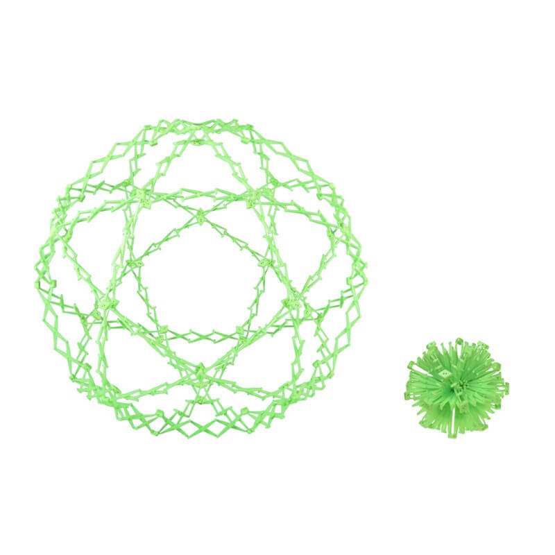 A side by side comparison of the Moon Glow Original Hoberman Sphere expanded and contracted.