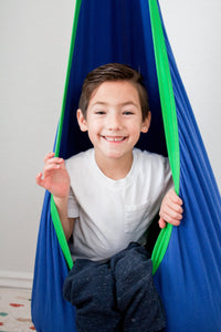 A child with light skin tone and short brown hair sits in the blue Sensory Pod Swing. Their legs hang out of the swing and they are holding onto the sides while smiling.