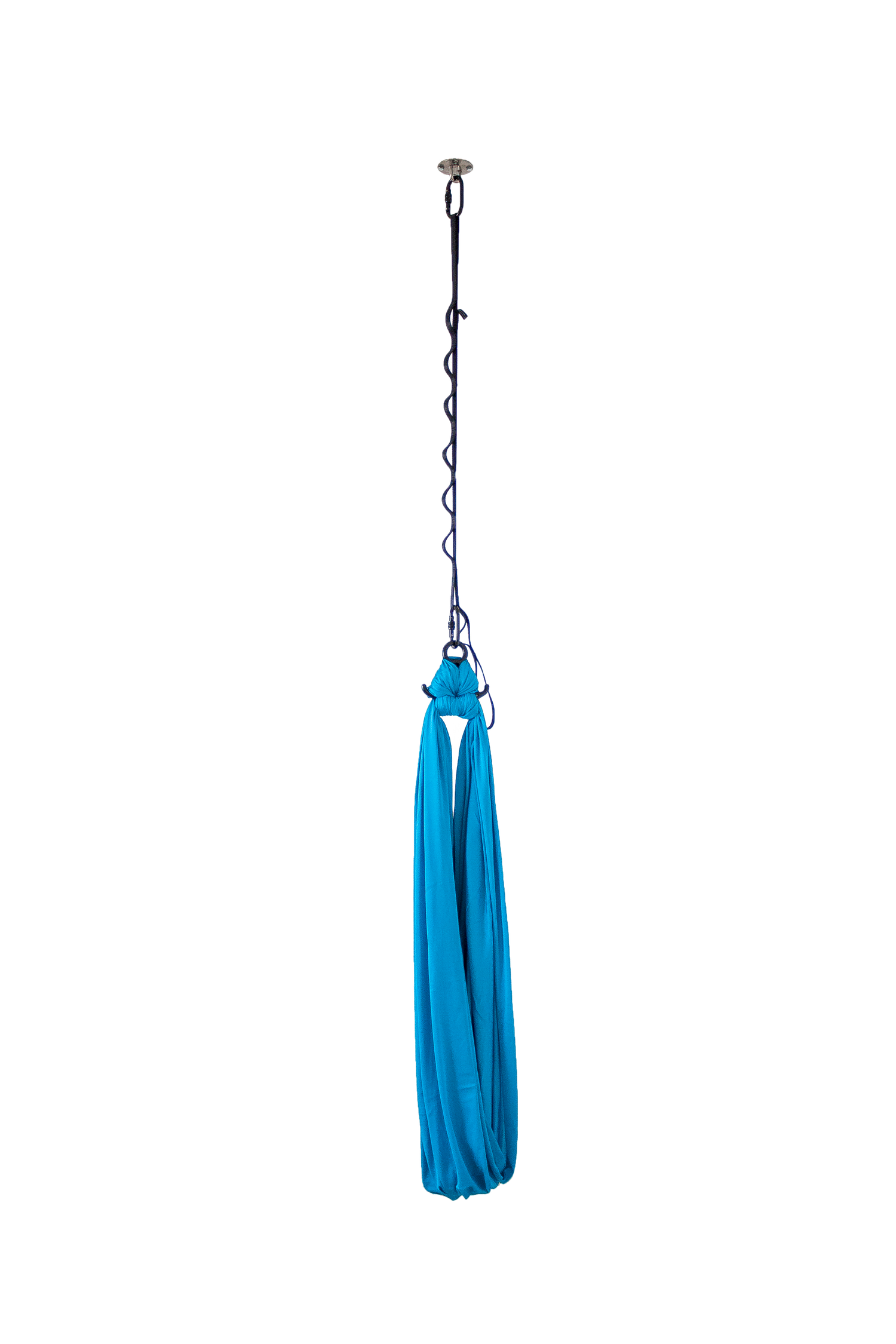 A blue compression swing in a hanging position.