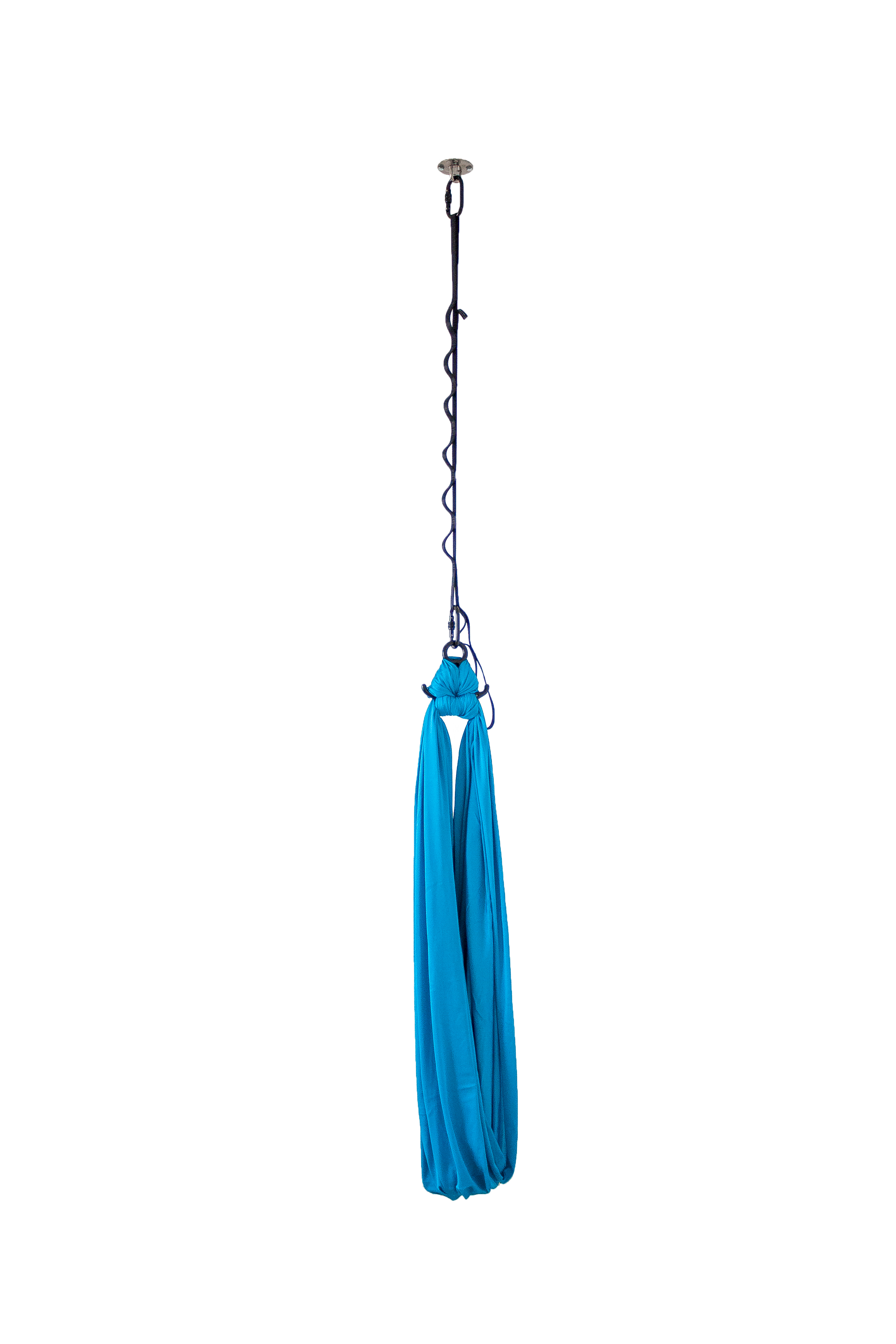 A blue compression swing in a hanging position.