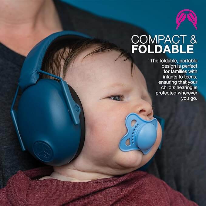 An infant wears the Jlab Navy Jbuddies Protect Kids Hearing Protection Earmuffs.