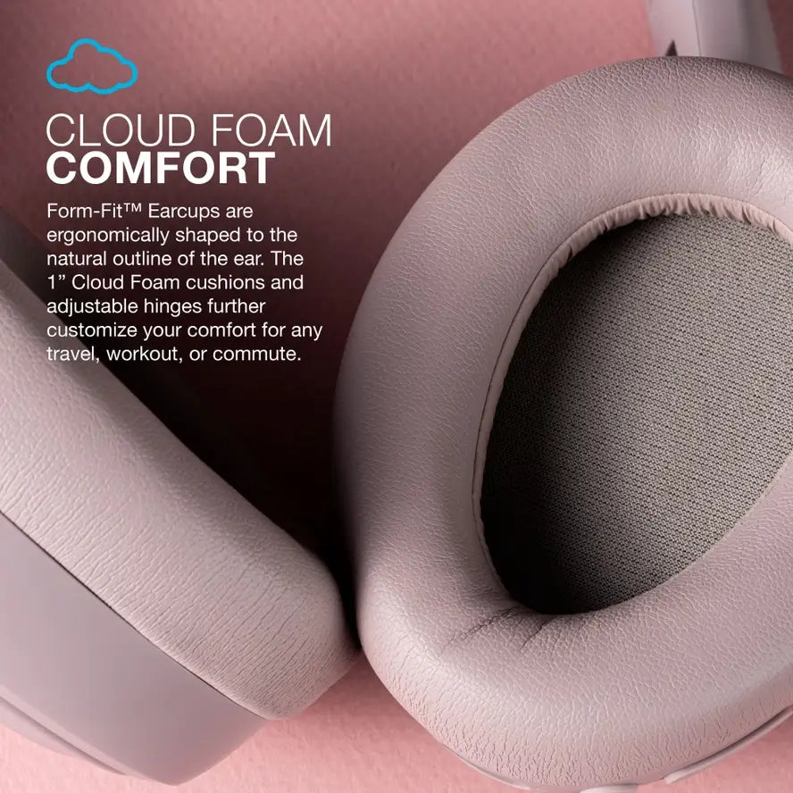 An infographic about the Cloud Foam Comfort of the Mauve JLAB Jbuds Active Noise Cancelling Headphones.