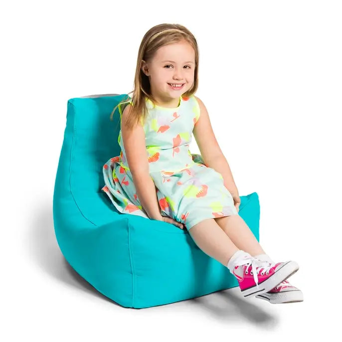 A child sits on the Juniper Jr Outdoor Kids Bean Bag Chair.