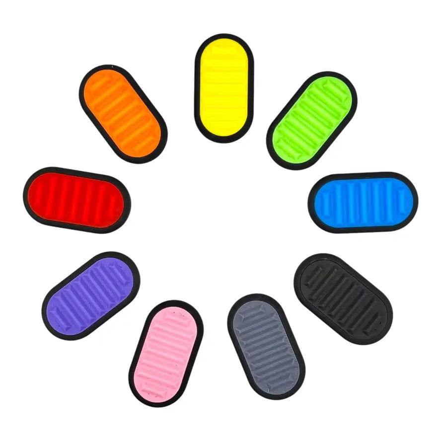 The Kahn Creations Spiky Dual Color Clicky Fidget Slider in a rainbow formation.