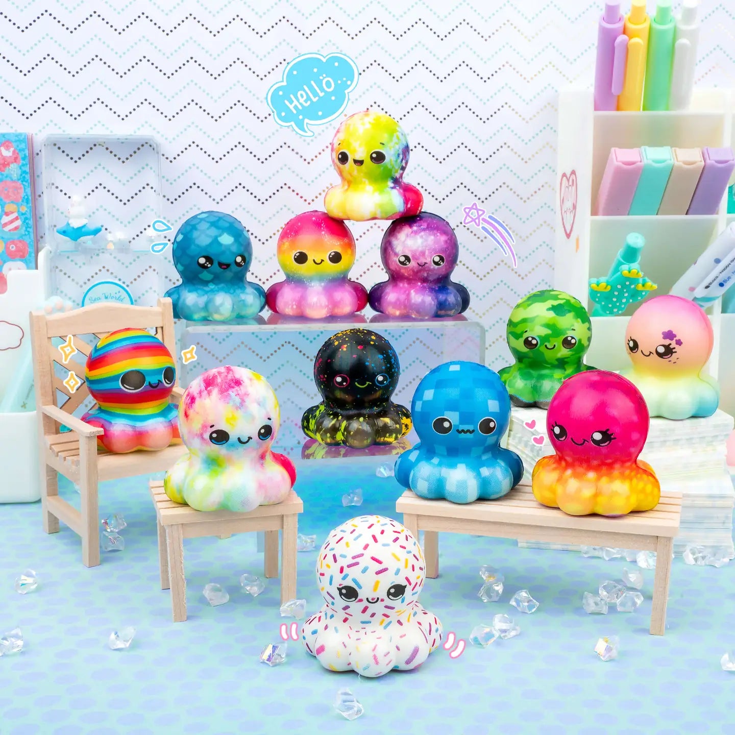 All 12 of the Octo-Squish Mini Squishies in a stylized photo.