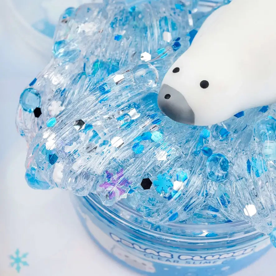 An up-close look at the clear slime with the squishy polar bear on top.