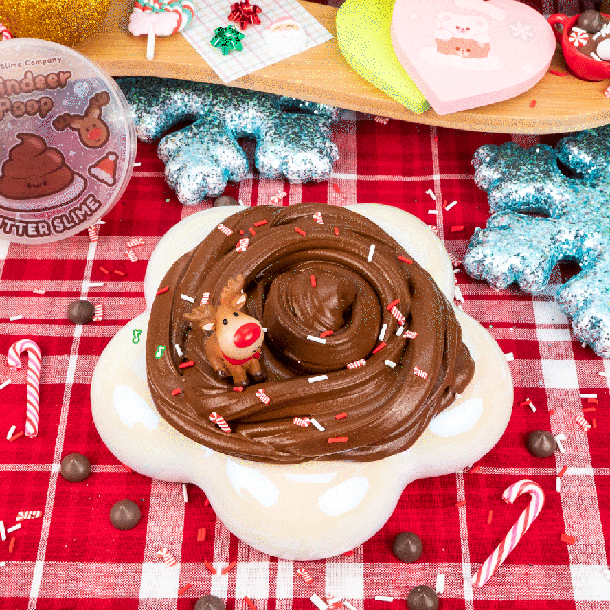 An animated GIF of the squishy Reindeer moving in a circle and leaving a trail of chocolate chip poops.