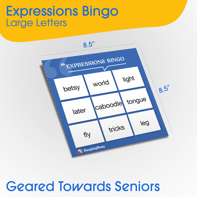 An infographic showing the 8.5"x8.5" dimensions of the bingo cards.