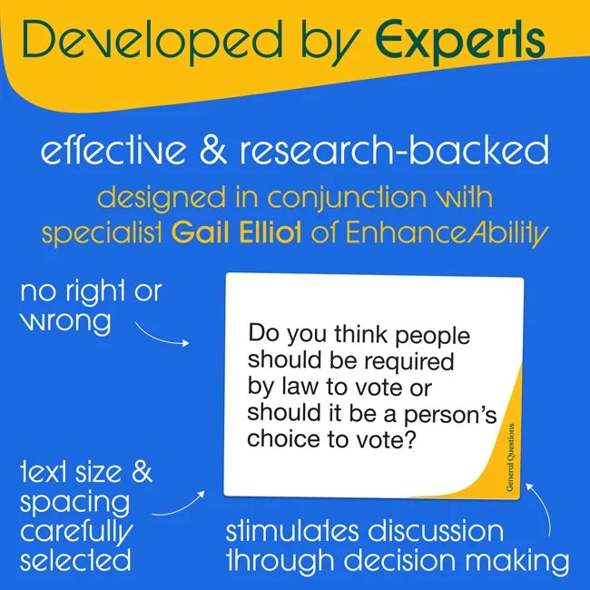 An infographic advertising that the Let's Chat Conversation Cards were developed by expert Gail Elliot. 