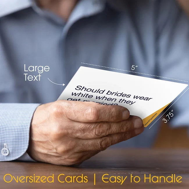 An infographic showing the 5"x3.75" dimensions of the Let's Chat Conversation Cards for Seniors.