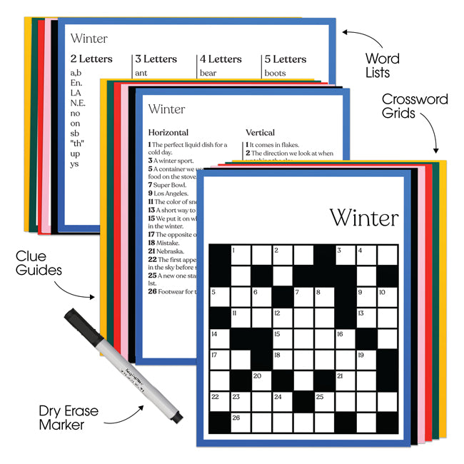 An infographic showing what comes in the Keeping Busy Season Crossword Puzzles for Seniors.