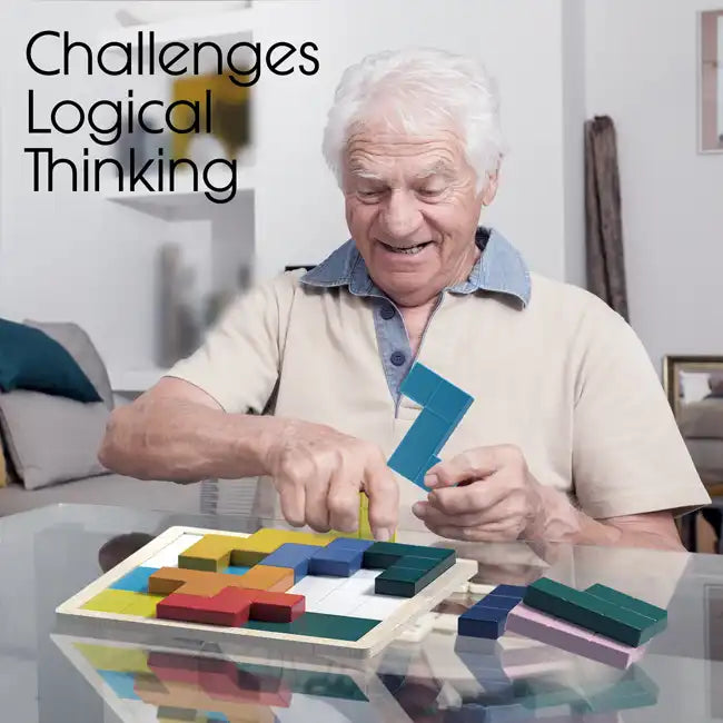 A senior holds up a wooden puzzle piece as he works on the Keeping Busy Tile Matching Game for Seniors.