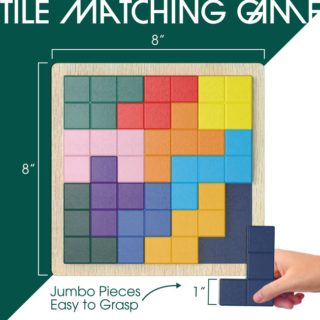 An infographic showing the 8"x8" dimensions of the Keeping Busy Tile Matching Game for Seniors.