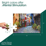 An infographic showing the dimensions of the Keeping Busy Town in Color Jigsaw Puzzle for Seniors.