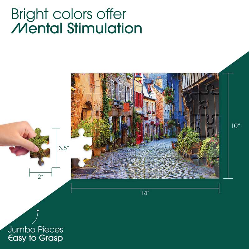 An infographic showing the dimensions of the Keeping Busy Town in Color Jigsaw Puzzle for Seniors.